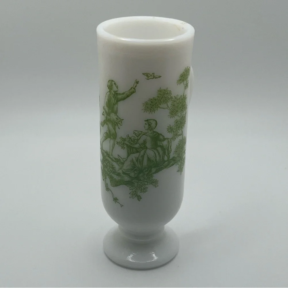 milk glass mug on pedestal green toile design demitasse by Avon cup with handle